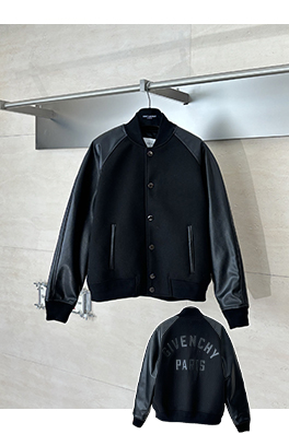 ジバンシイ Givenchy 無地のダークウールとレザーのスナップボタンベースボールジャケット