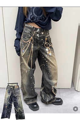 アクネストゥディオズスーパーコピー Acne Studios 3D プリントされた黒とゴールドのチェーンジーンズ