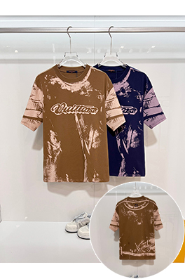 ルイヴィトン グラデーションカラーオーバープリントのイリュージョンプリントレターロゴクルーネック半袖Tシャツ