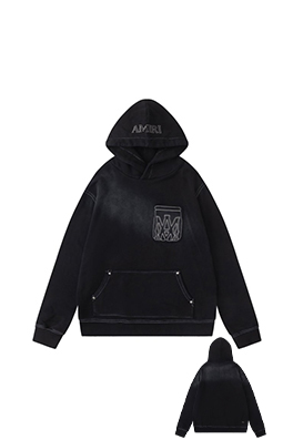 アミリ 胸ポケットに刺繍の骨のデザインダメージのウォッシュ質感のあるフード付きスウェットシャツ