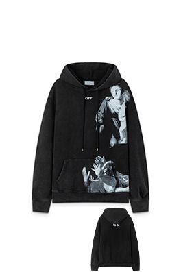 オフホワイト 新しい肖像油絵のウォッシュフード付きスウェットシャツ