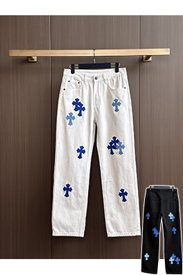 クロムハーツコピー ブルーのパッチワーク刺繍りウォッシュデニムジーンズ