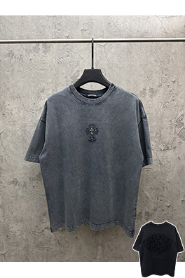 クロムハーツ アメリカンスタイルのウォッシュドデニムパッチ刺繍カップル半袖Tシャツ