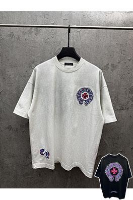 クロムハーツコピー アメリカンスタイルのウォッシュカラーブロックアップリケ刺繍半袖Tシャツ