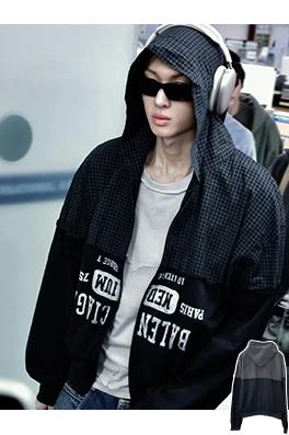 バレンシアガ BALENCIAGA チェック柄パッチワークのダメージフード付きスウェットシャツジャケット