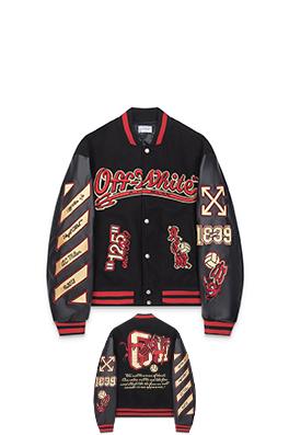 オフホワイト off white 刺繍パッチワークベースボールダウンジャケット