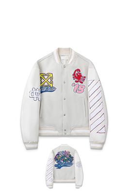 オフホワイト off white 刺繍パッチワークベースボールジャケットウール生地カップルコート