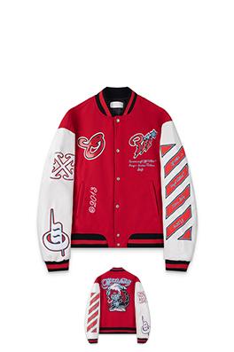 オフホワイト off white 刺繍パッチワークベースボールジャケットウール生地カップルコート