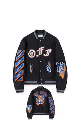 オフホワイト off white 新モデル刺繍パッチワークベースボールジャケットウール生地カップルコート