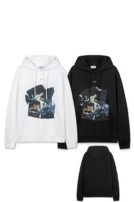 オフホワイト off white ポートレートスタイルの460gルーズフィットフード付きスウェットシャツ