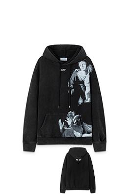 オフホワイト off white 新しい肖像油絵風460gウォッシュドフード付きスウェットシャツ