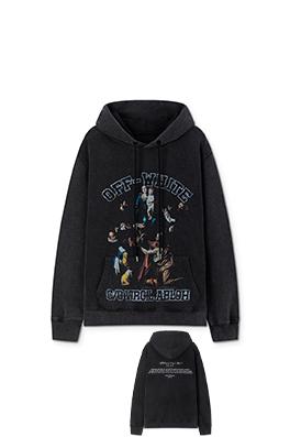 オフホワイト off white クラシックな肖像油絵風460gウォッシュフード付きスウェットシャツ