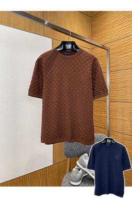 ルイヴィトンコピー LV.M SINCE 1854 刺繍チェック柄ジャカードニット半袖Tシャツ