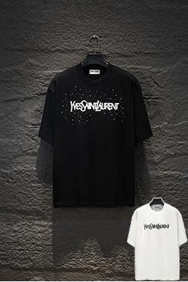 サンローラン Saint Laurent ダメージ刺繍ラインストーン半袖Tシャツ