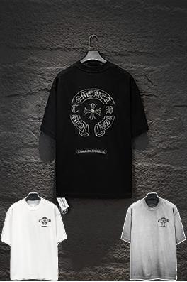 クロムハーツ ヘビーデューティーなリバースボトムカラーブロックアップリケ刺繍ダメージハードウェアの半袖Tシャツ