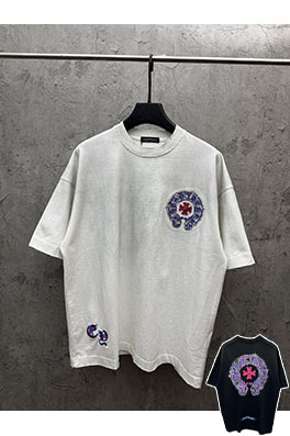 クロムハーツコピー アメリカンスタイルのウォッシュカラーブロックアップリケ刺繍半袖Tシャツ