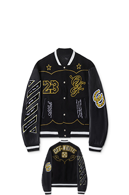 オフホワイト off white カップルけ刺繍ラインストーンパッチワークレザーベースボールジャケット
