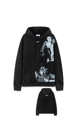 オフホワイト off white 新しい肖像油絵風460gウォッシュドフード付きスウェットシャツ