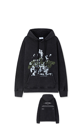 オフホワイト off white ファッショナブルな肖像油絵風460gウォッシュドフード付きスウェットシャツ