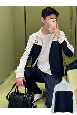 グッチ 刺繍入りカラーブロックスタンドカラージャケット