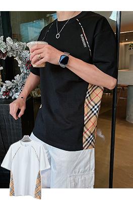 バーバリースーパーコピー チェック柄パッチワーク刺繍半袖Tシャツ