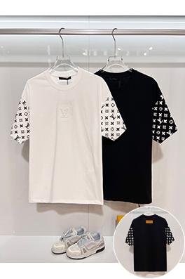 ルイヴィトンコピー 胸に刺繍の文字の袖にモノグラムのロゴ半袖Tシャツ