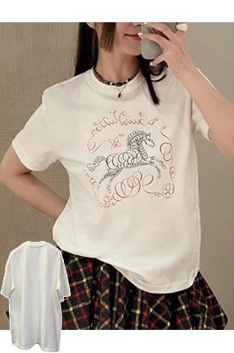 ルイヴィトンブランドコピー 馬年プリントクルーネック半袖Tシャツ