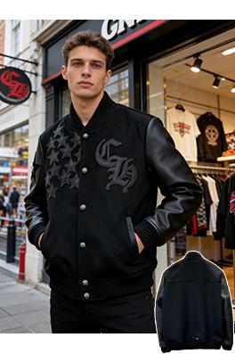 クロムハーツ 星の刺繍パッチワークベースボールカラーレザージャケット