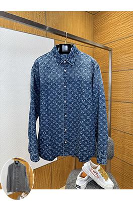 ルイヴィトン 全面プリントの襟付きシングルブレストデニム長袖シャツ