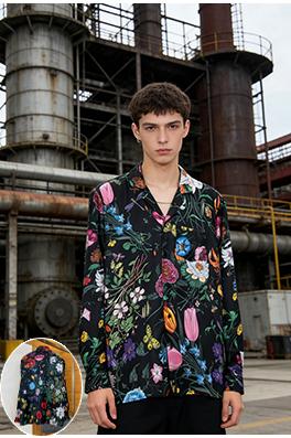 グッチ 花柄と昆虫柄の襟付き長袖シャツ