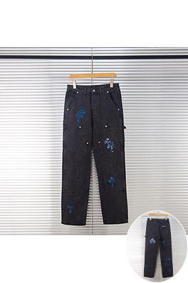 クロムハーツ 星空のブルーレザー製ロギングクロスパッチワークワークウェアウォッシュドジーンズ
