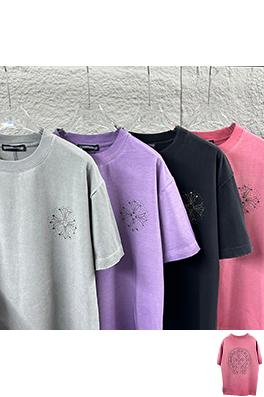 クロムハーツコピー 新モデルスタイルダメージウォッシュヴィンテージ風ラインストーン装飾の半袖Tシャツ