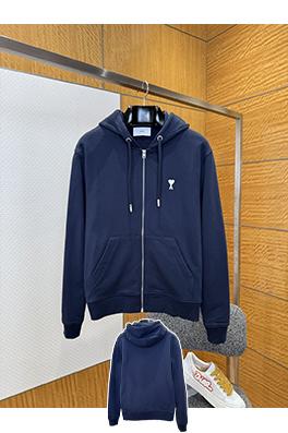 アミ 刺繍りジッパー付きフード付きスウェットシャツジャケット