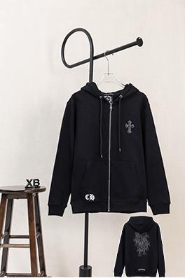 クロムハーツ レザーラベルクロス刺繍ロゴプリントドローストリングジップアップ、フード付きジャケット