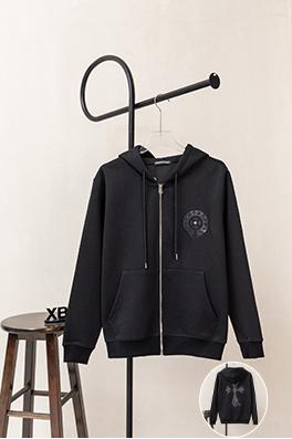 クロムハーツコピー 胸に革製のクロス刺繍ドローストリング付きジッパー開閉のフード付きジャケット