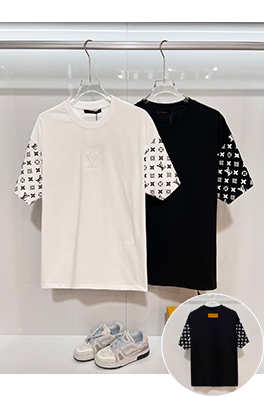 ルイヴィトンコピー 胸に刺繍の文字の袖にモノグラムのロゴ半袖Tシャツ