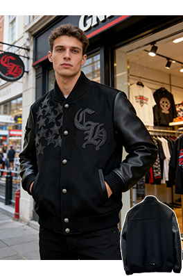 クロムハーツ 星の刺繍パッチワークベースボールカラーレザージャケット