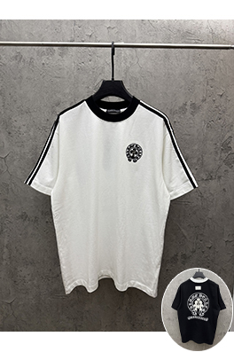 クロムハーツスーパーコピー クラシックなレザーのクロスステッチストライプショルダー半袖Tシャツ