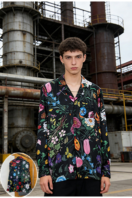 グッチ 花柄と昆虫柄の襟付き長袖シャツ