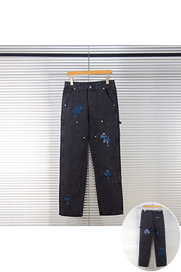 クロムハーツ 星空のブルーレザー製ロギングクロスパッチワークワークウェアウォッシュドジーンズ