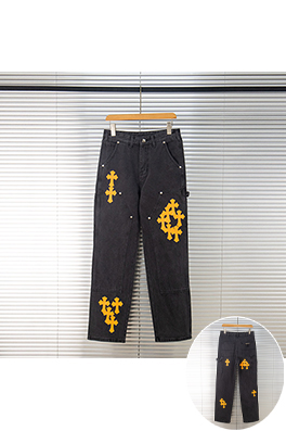 クロムハーツブランドコピー ウォッシュを施した新しいブラックレザーのロガーヘッドクロスパッチワークワークジーンズ