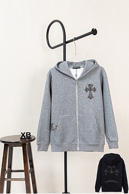 クロムハーツ パールがあしらわれた十字架の刺繍りフード付きジップアップスウェットシャツ