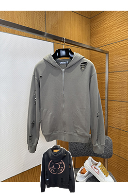 アクネストゥディオズブランドスーパーコピー Acne Studios ダメージプリントの破れたフード付きジップアップスウェットジャケット