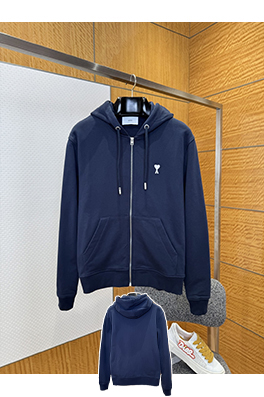 アミ 刺繍りジッパー付きフード付きスウェットシャツジャケット