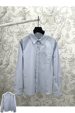 サンローランスーパーコピー ストライプ柄の尖った襟ボタン付き胸ポケット長袖シャツ