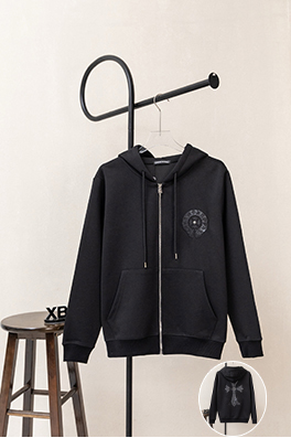 クロムハーツコピー 胸に革製のクロス刺繍ドローストリング付きジッパー開閉のフード付きジャケット