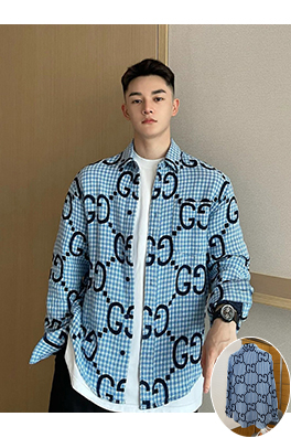 グッチブランドコピー 細かいチェック柄のダブルG総柄プリント長袖シャツ