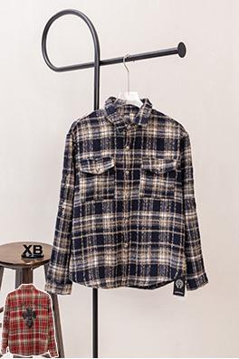 クロムハーツスーパーコピー クラシックなチェック柄レザーラベル刺繍りウール長袖シャツ