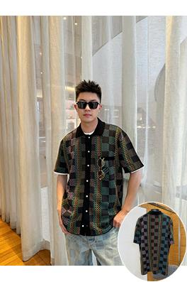 ルイヴィトンコピー チェック柄ジャカードニット半袖ポロシャツ