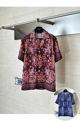 グッチブランドコピー ブルーのペイズリー柄キューバンカラーカシュー花柄プリント半袖シャツ